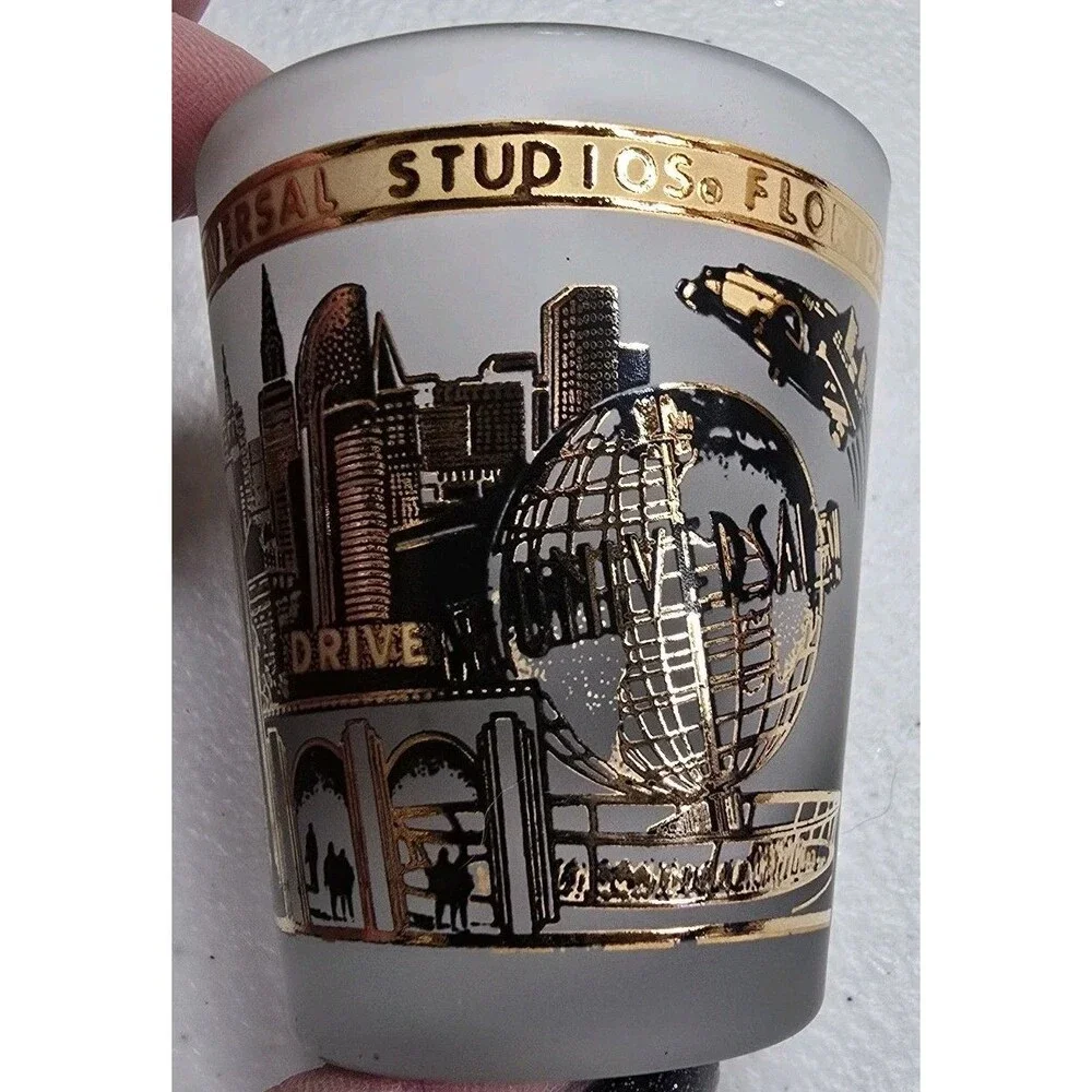 Vintage Universal Studio Florida Shot Glass Frosted With Black And Gold Trim